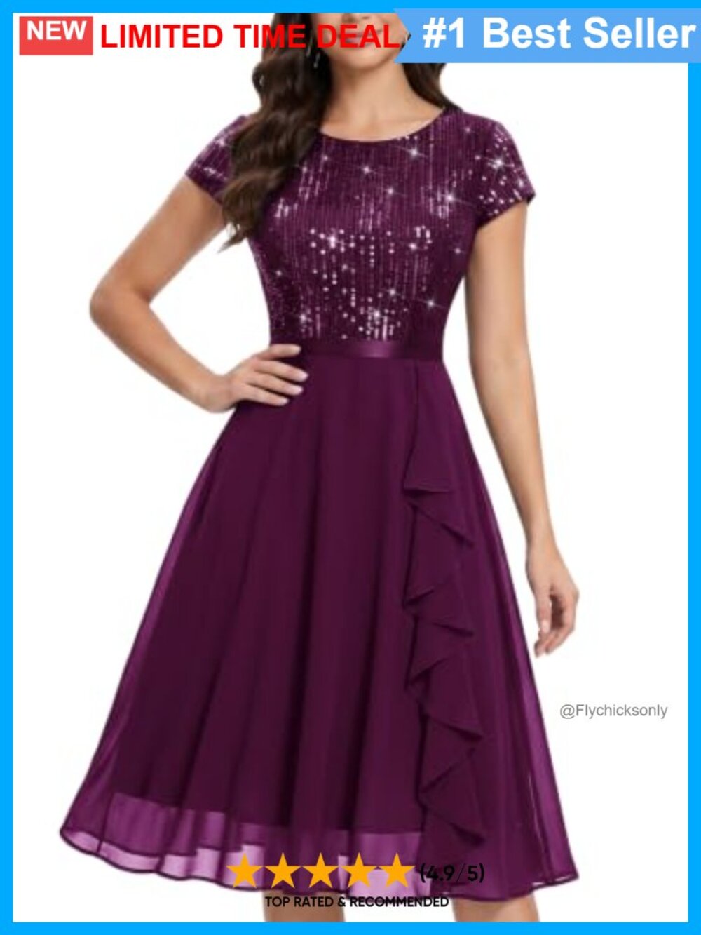 Crew Neck Cap Sleeve Ruffle Sequin Chiffon Cocktail Midi Dress
